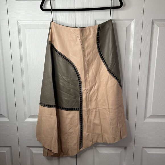 Tibi Eska Cream Green Embroidered Cutout Leather Skirt Women's Size 6